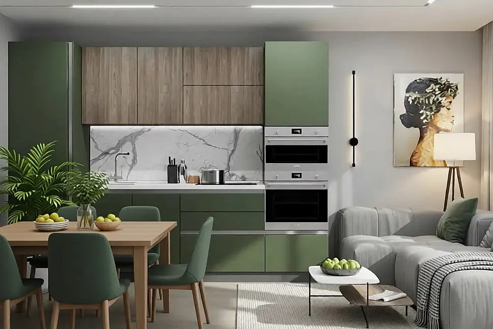 Кухня «Шарли Green Дуб Галифакс белый Woodlux Профиль Gola 3046»